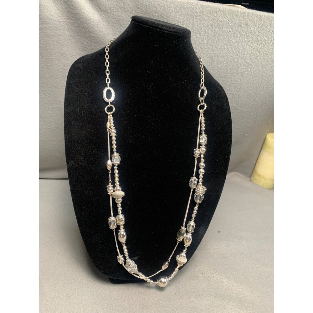 Silver-Tone Beaded Multi-Strand Necklace with Chain & Textured Beads 36"